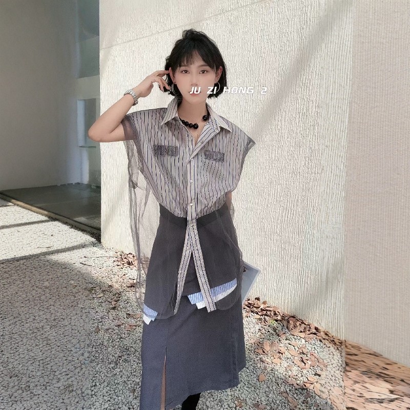 设计感叠穿拼网纱宽松条纹衬衫女