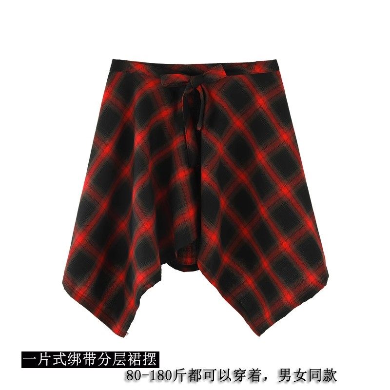 舞蹈一片式屁帘遮挡裙女男嘻哈高街不规则下摆分层格子假衬衫裙摆