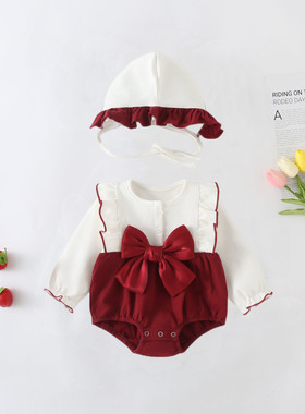 满月婴儿衣服春秋装女宝宝包屁衣公主超萌百天宴周岁礼服拜年服红