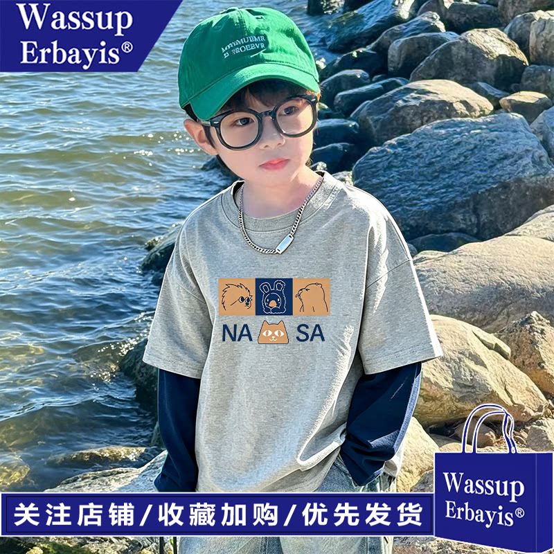 男童假两件长袖儿童纯棉T恤