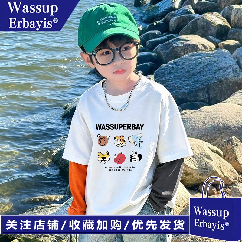 男童假两件长袖儿童纯棉T恤