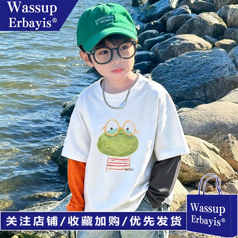 WASSUP男童长袖假两件T恤纯棉
