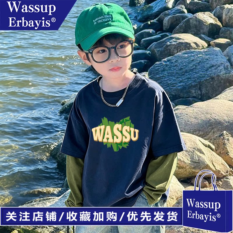 男童假两件长袖儿童纯棉T恤