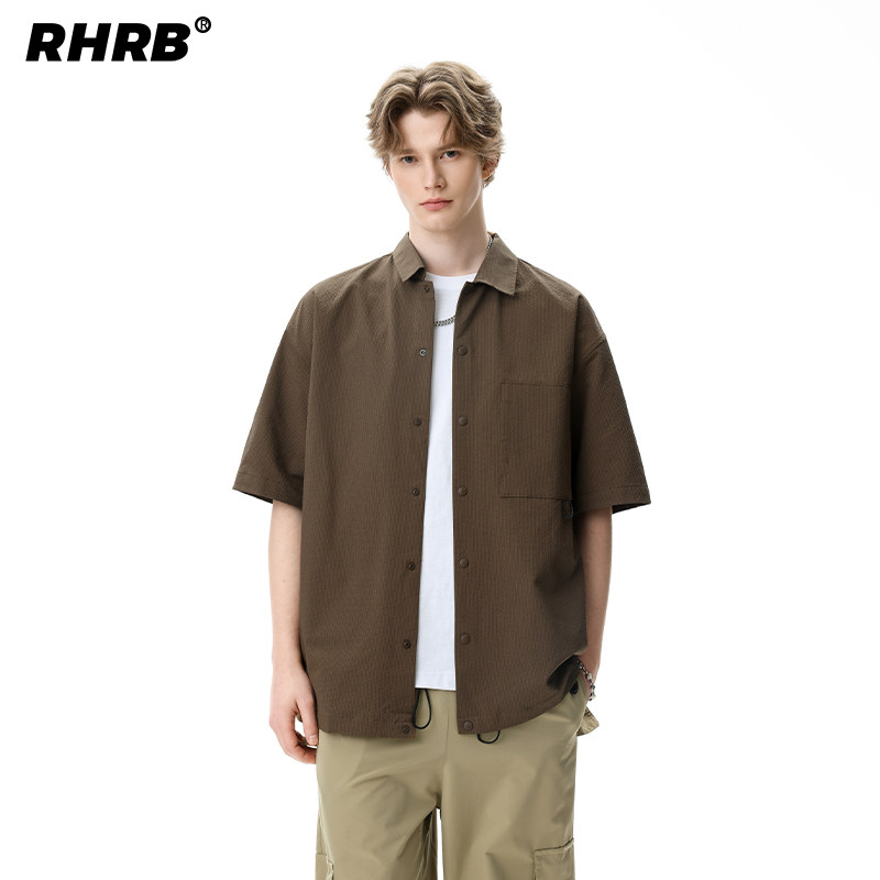 RHRB棕色短袖泡泡纱衬衫男夏季宽松休闲中性简约速干五分袖衬衣
