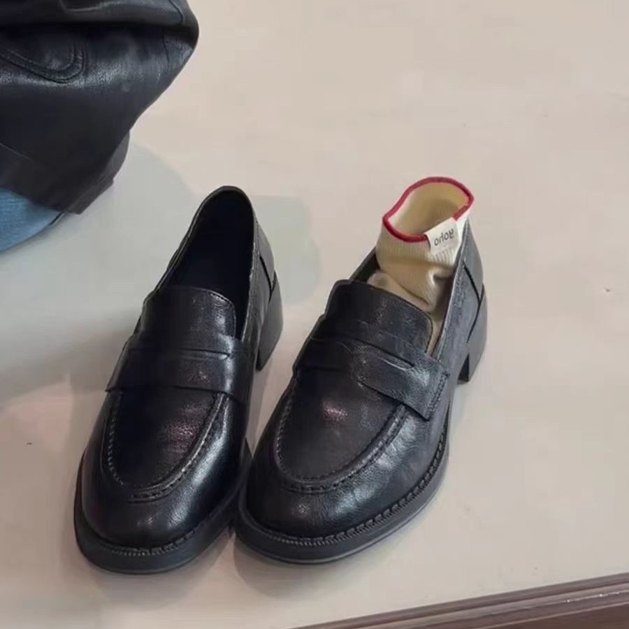 羊皮版~真皮粗跟黑色复古通勤一乐福鞋（豆豆鞋）
