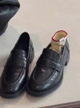 羊皮版~真皮粗跟黑色复古通勤一脚蹬乐福鞋女春节新款小皮鞋单鞋