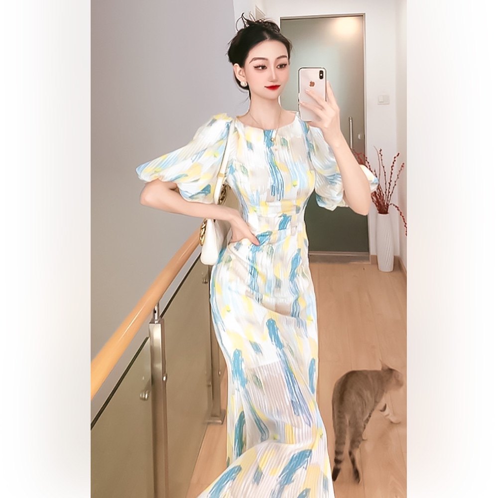 贾府大小姐 肌理感 温柔气质 优雅女人味气质雪纺泡泡袖连衣裙