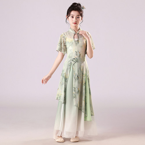 儿童古典舞服装身韵印花旗袍纱衣