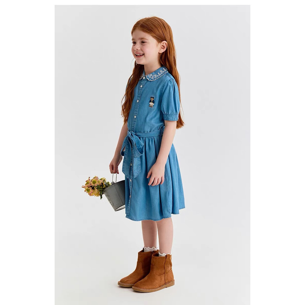 验货2026夏季新款小熊童装女童牛仔衬衫连衣裙收腰翻领短袖裙子