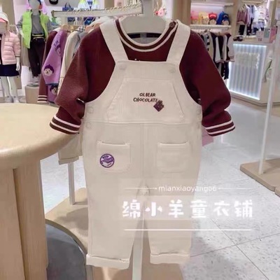 正品2025秋冬季新品婴童男宝宝灯芯绒可爱白色背带裤休闲运动裤子