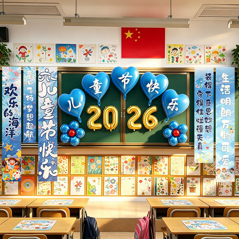 六一儿童节小学幼儿园教室班级黑板挂布气球场景布置装饰仪式感