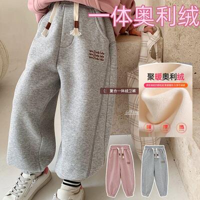 拼接刺绣华棉休闲裤奥利绒一体绒