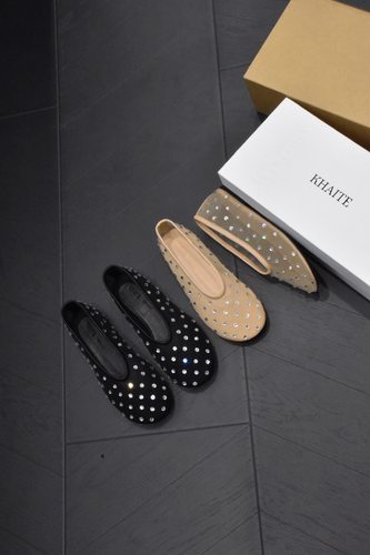 24新款khaite网纱烫钻仙女鞋真皮圆头芭蕾舞鞋一脚蹬女单鞋舒适