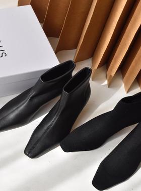 24新款NEOUS小众弹力羊皮低跟短靴欧美复古软底弹力靴舒适百搭