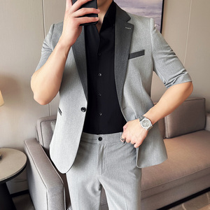 夏季薄款时尚拼接小西装九分裤拼接西服套装2401-P210图片