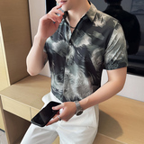 夏季碎花短袖衬衫冰丝时尚免熨衬衣男CS022-P58，男装T恤，星座1606-1