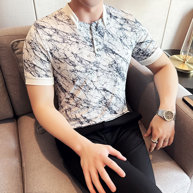 夏季V领男士POLO衫冰丝裂纹时尚休闲短袖T恤DS024-P58图片