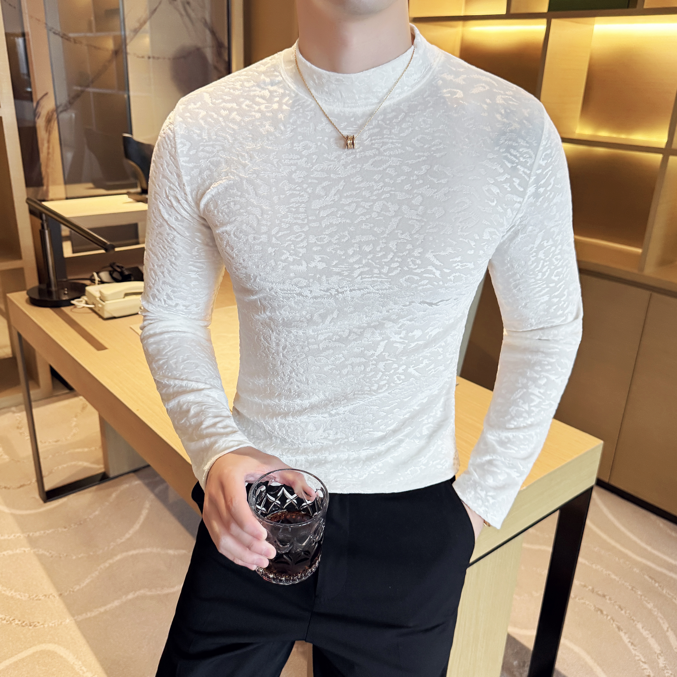 DS040-P48金丝绒豹纹提花半高领男士长袖T恤修身立体打底衫，男装T恤，星座1606-1