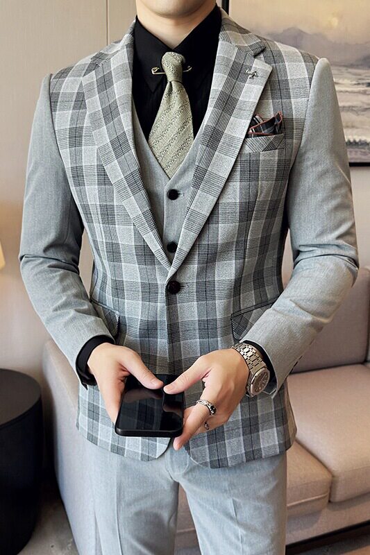 撞色韩版修身西服时尚潮流设计拼色西装三件套2411-P265,男装西服套装,星座1606-1