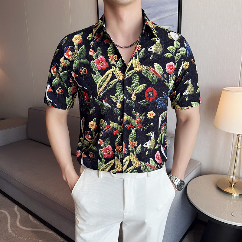 百鸟图夏季印花短袖衬衫时尚休闲免熨衬衣男CS042-P58，男装T恤，星座1606-1