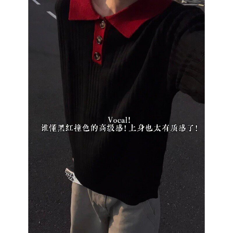 老钱风撞色翻领毛衣男秋冬新款vintage宽松休闲慵懒风百搭针织衫