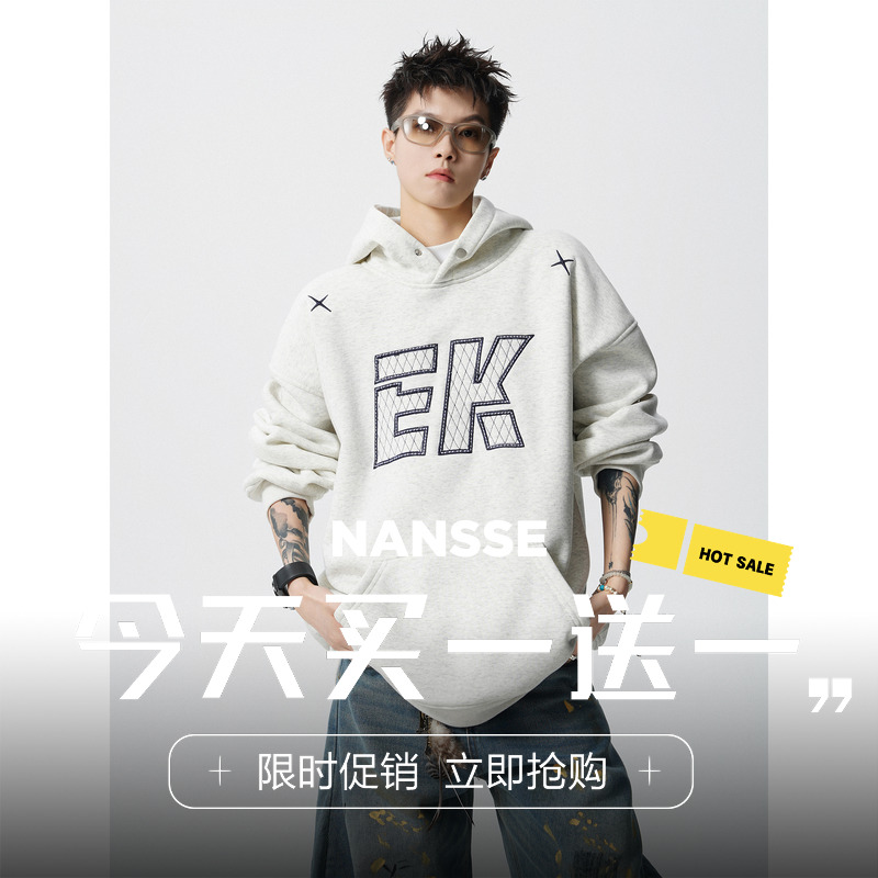美式高街字母刺绣连帽卫衣男女秋季潮牌宽松痞帅休闲百搭套头帽衫
