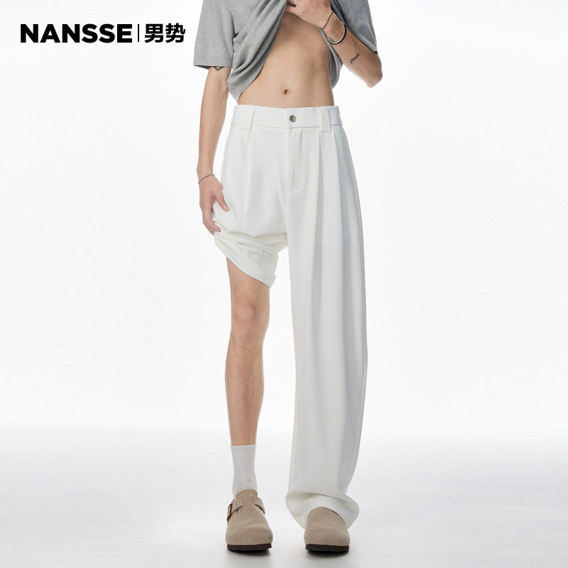 直筒白色冰丝西装裤子男生夏季新款潮牌宽松休闲高级垂感薄款长裤