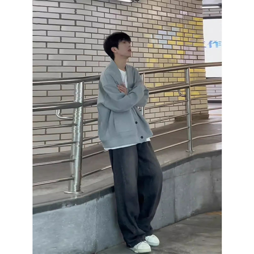 花灰色华夫格外套潮男春秋季