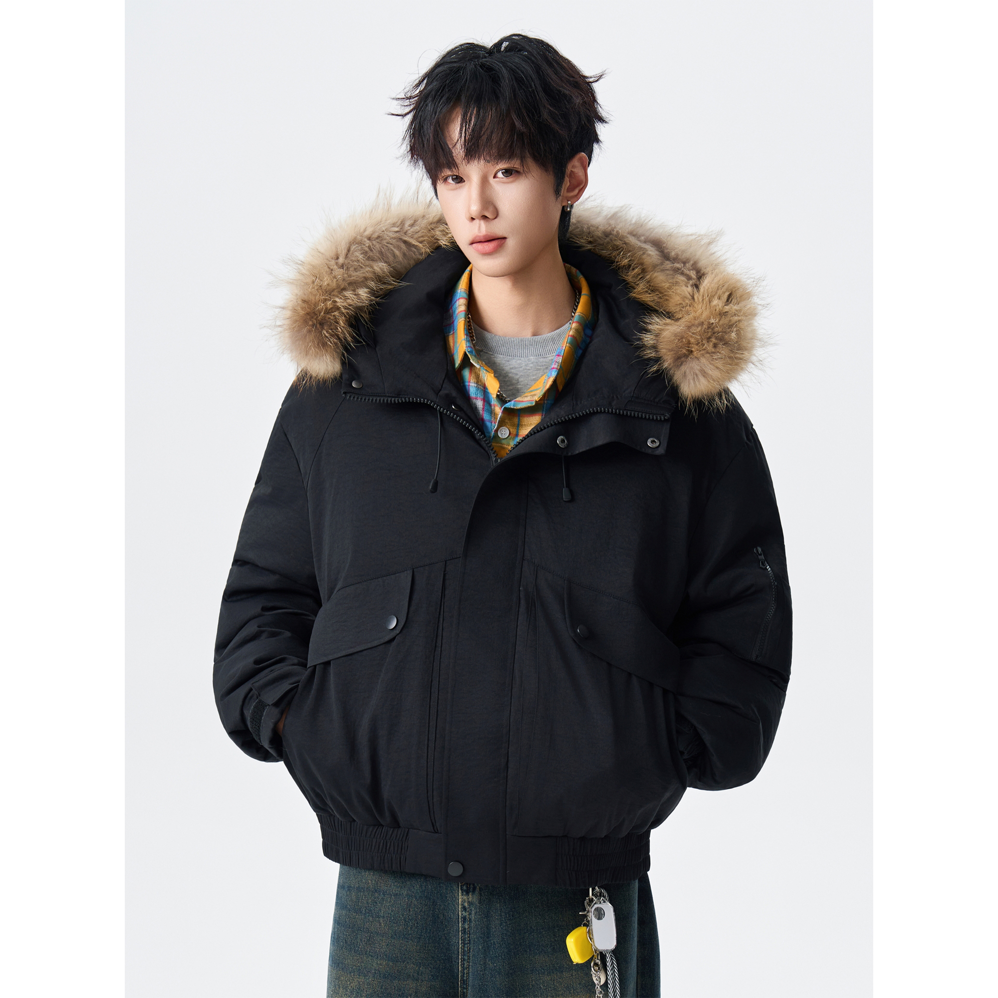 大毛领工装羽绒服男款冬季新款潮牌宽松休闲加厚保暖短款连帽外套