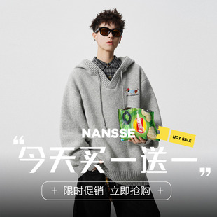 潮牌重磅腊肠狗刺绣连帽针织衫 男冬慵懒宽松休闲保暖情侣毛衣外套