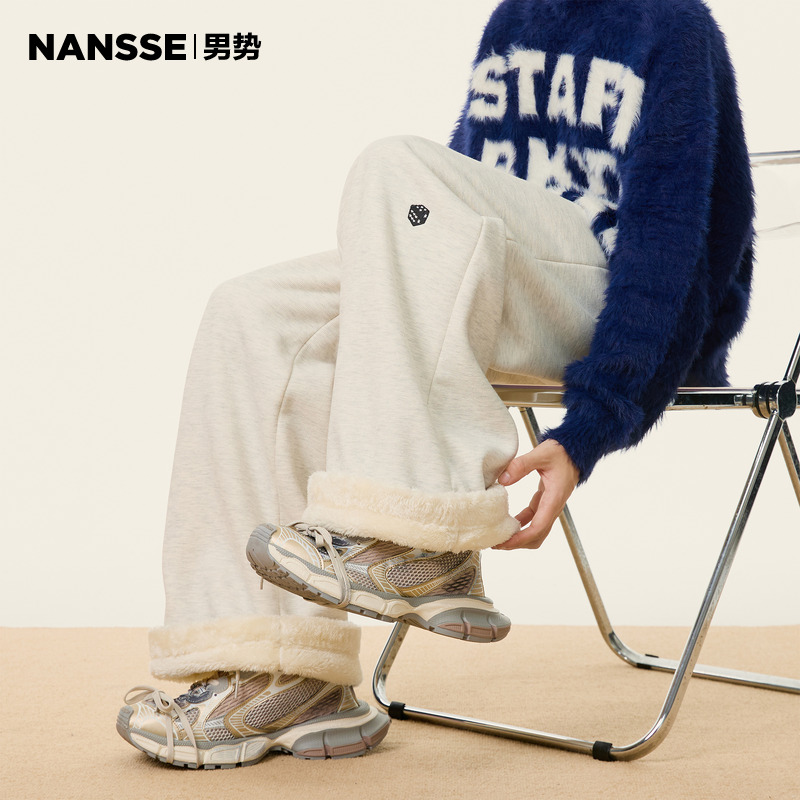 潮牌骰子刺绣羊羔绒运动卫裤男冬季美式宽松直筒加绒加厚休闲裤子