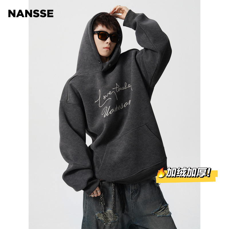 美式字母刺绣连帽卫衣男秋冬