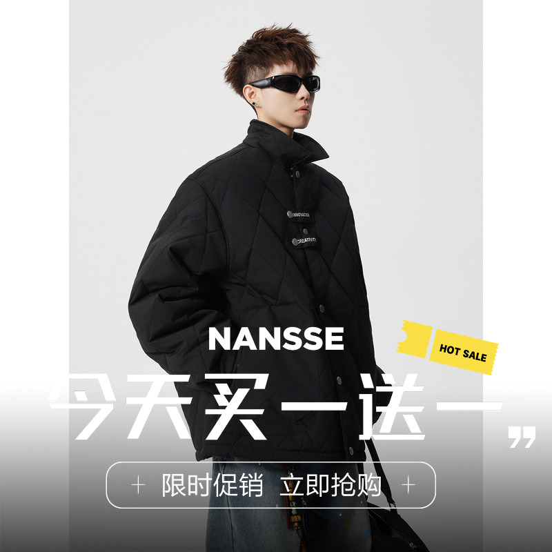 美式菱形格翻领棉衣男冬季