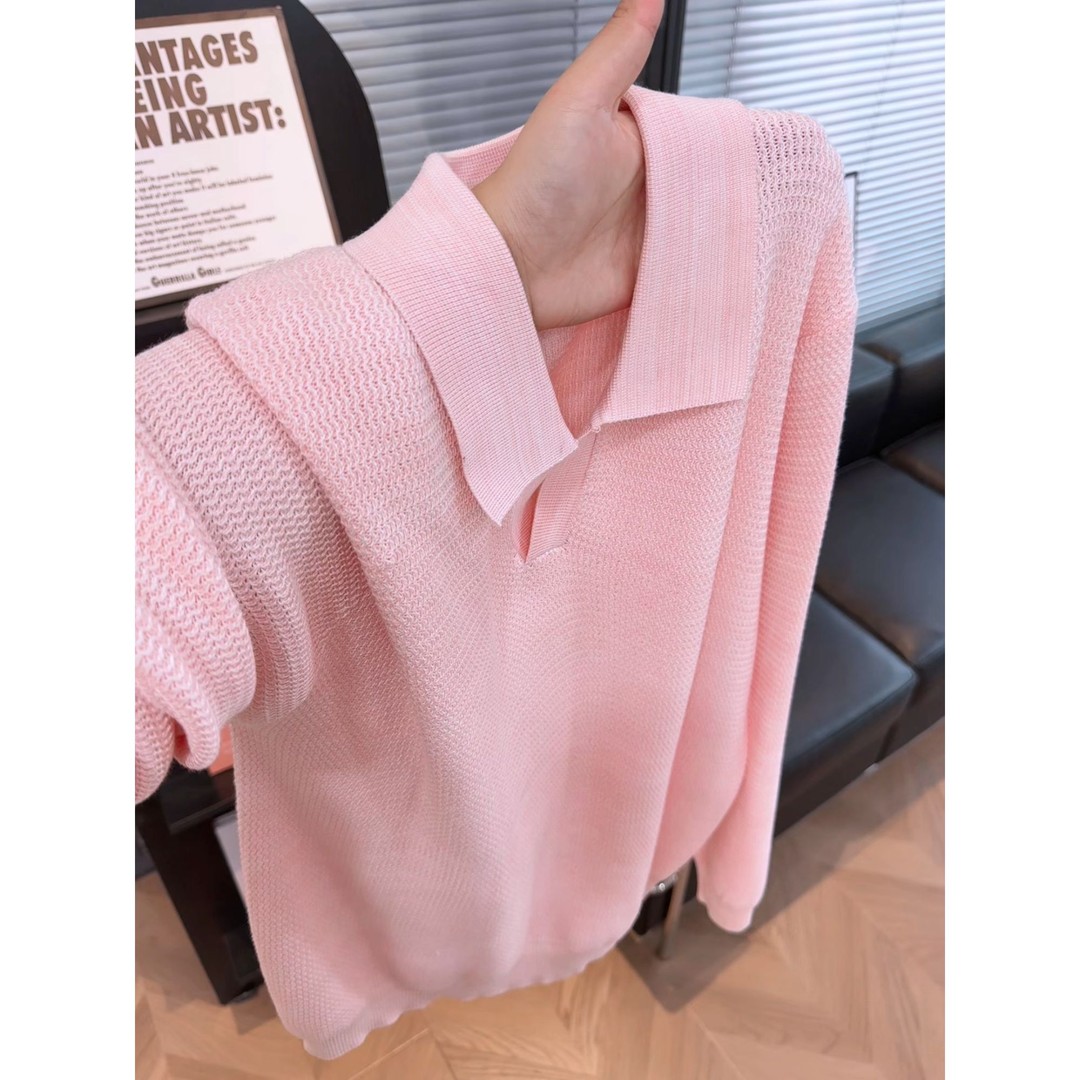miu系老钱风polo衫粉色V领tshirt针织长袖新款男女潮牌海鸥领T恤