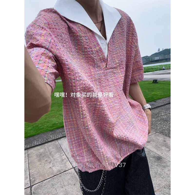 假两件格子V领短袖衬衫男款百搭图片