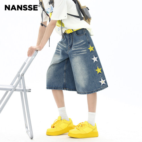 男势美式街头星星刺绣牛仔短裤男