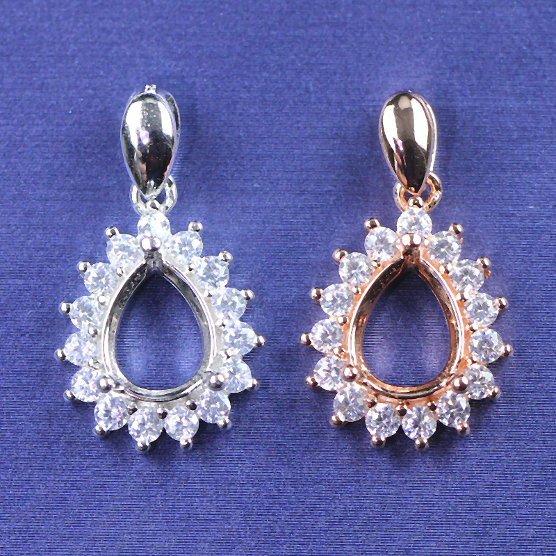 水滴形梨形7X9宝石吊坠托项链空托项坠子戴妃女款925纯银镀18K金