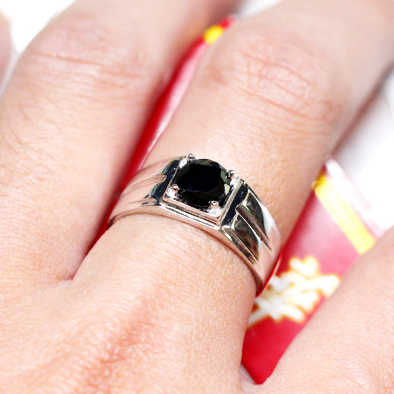 男士黑钻戒指轻奢黑色男戒霸气欧美纯银镀18k白金铂金开口可调节