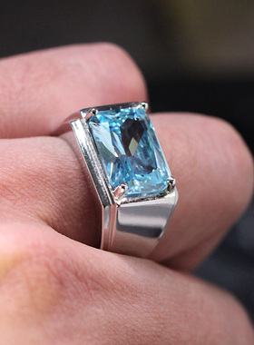 长方形海蓝宝戒指男潮牌925纯银