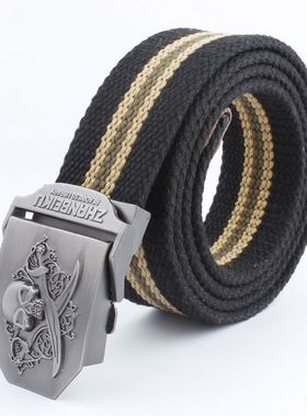 30号海盗旗双刀骷髅半自动合金压扣帆布腰带 男士自动扣皮带