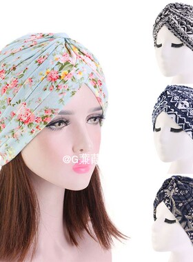 民族风头巾帽欧美外贸套头帽褶皱装饰帽子turban bonnet hat lady