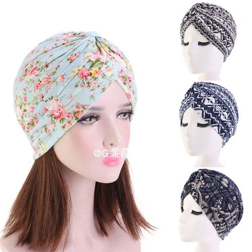 民族风头巾帽欧美外贸套头帽褶皱装饰帽子turban bonnet hat lady
