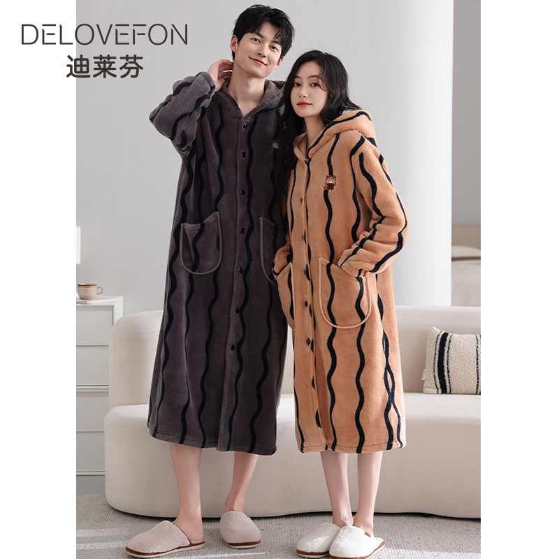 情侣睡袍女秋冬加厚珊瑚绒连帽扣子加绒保暖男士家居服可外穿浴袍,女士内衣/男士内衣/家居服,睡袍/浴袍,淘宝优惠券,粉丝福利购,淘宝优惠卷