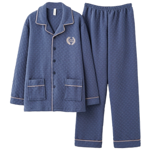 男士睡衣秋冬季纯棉加厚大码家居服男春秋长袖空气棉夹层男式套装