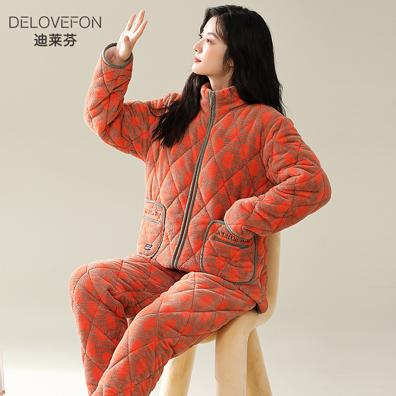 女款三层夹棉加厚加绒睡衣套装