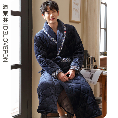 加厚睡袍男冬季三层夹棉保暖加绒男士睡衣一体式珊瑚绒长款浴衣袍