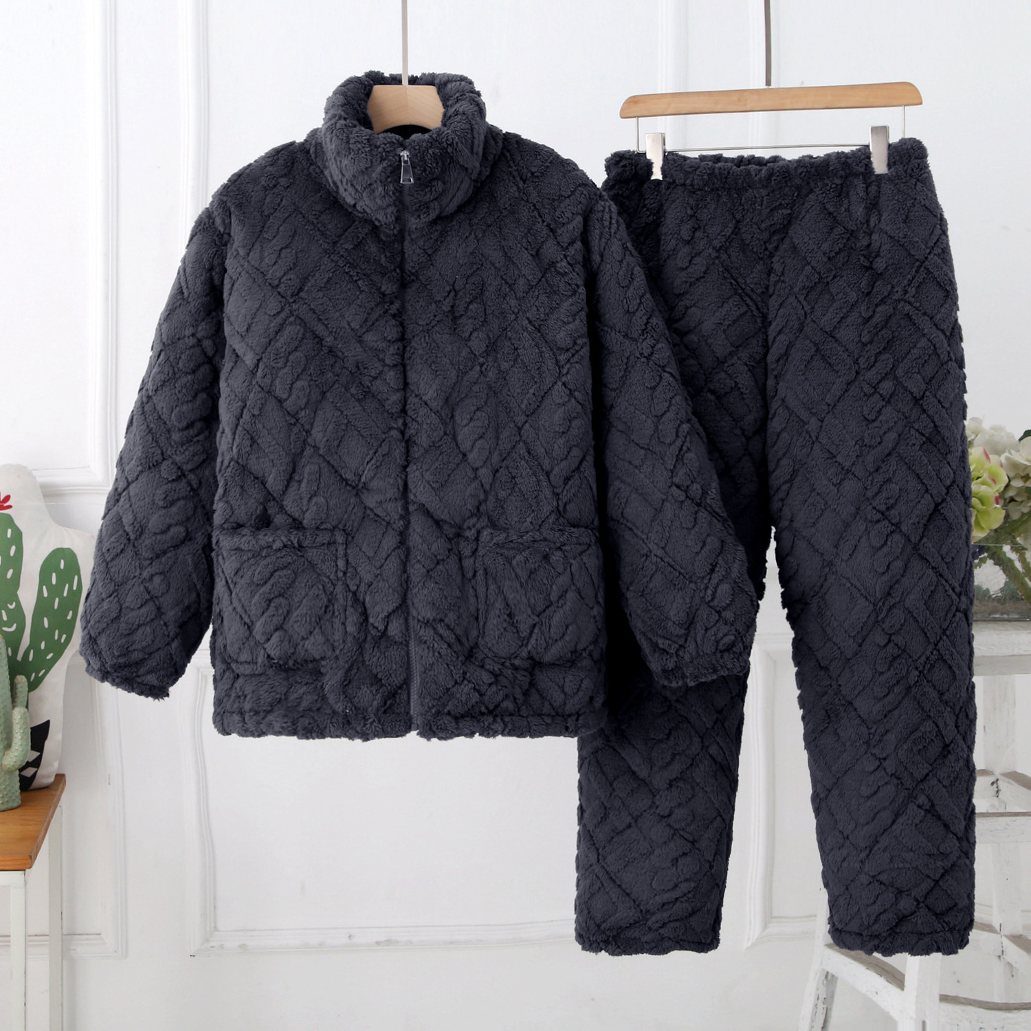 睡衣拉链男冬季加厚三层法兰绒加睡衣/家居服套装