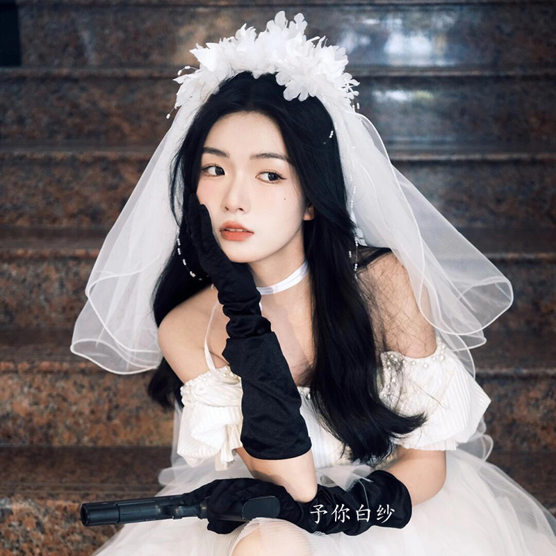 复古风手工头花发箍长款头纱写真