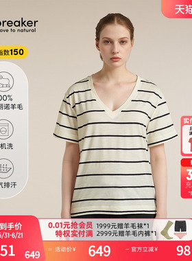 icebreaker 100%美利奴羊毛女150 Tech Lite T恤宽松V领短袖户外