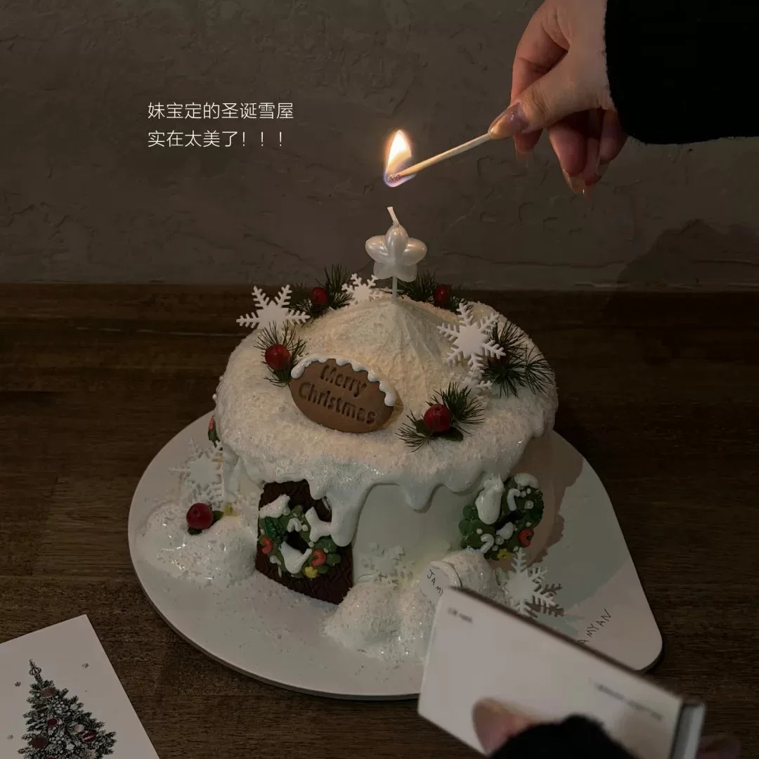 韩系圣诞雪屋蛋糕装饰软胶雪花星星蜡烛冬日圣诞小屋甜品插件装扮